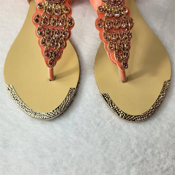 Coral Pink Summer Sandals Rhinestone Peacock Bird Thong Strap - Picture 4 of 9